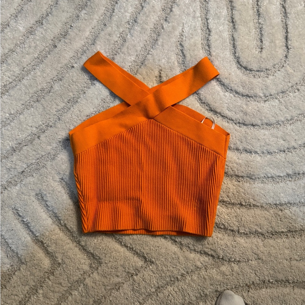 Orange Cross-Strap Ribbed Crop Top - Picture 2 of 3